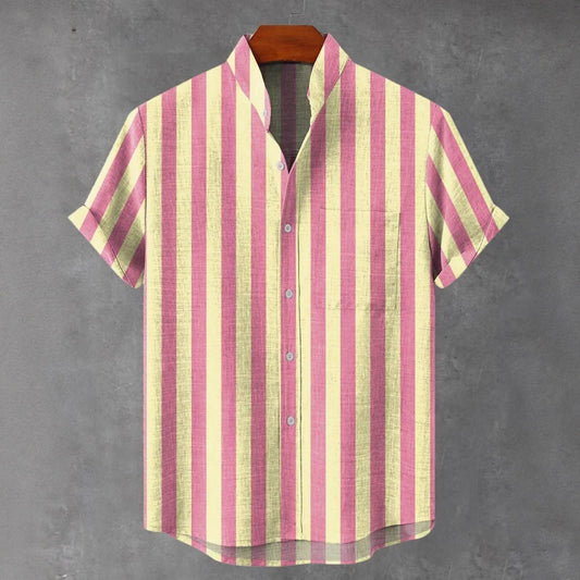 Men's Stand Collar Contrast Color Striped Casual Cool Versatile Short Sleeve GlamzKart