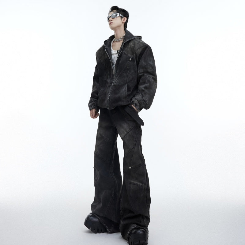 Distressed Padded Shoulder Hooded Denim Jacket Suit Metal Embellished Jeans GlamzKart