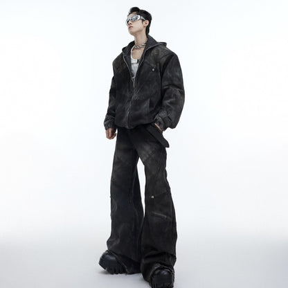 Distressed Padded Shoulder Hooded Denim Jacket Suit Metal Embellished Jeans GlamzKart