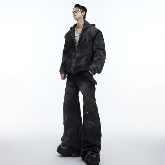 Distressed Padded Shoulder Hooded Denim Jacket Suit Metal Embellished Jeans GlamzKart