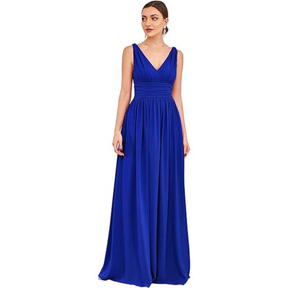 Women's Elegant Graceful Deep V-neck Sleeveless Chiffon Formal Maxi Evening Dress sapphire GlamzKart