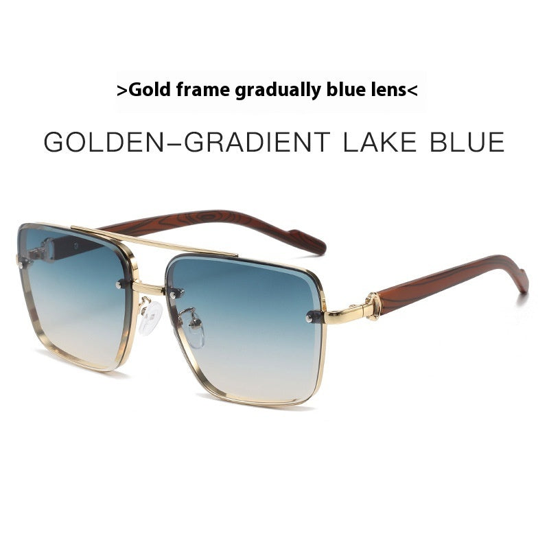 Metal Double Beam Frame Wood Grain Leg Sunglasses Gold Frame With Blue GlamzKart