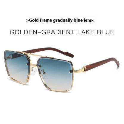 Metal Double Beam Frame Wood Grain Leg Sunglasses Gold Frame With Blue GlamzKart
