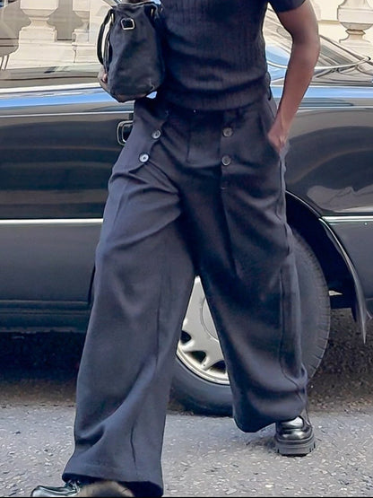 Black High-waisted Double-button Wide-Leg Pants GlamzKart