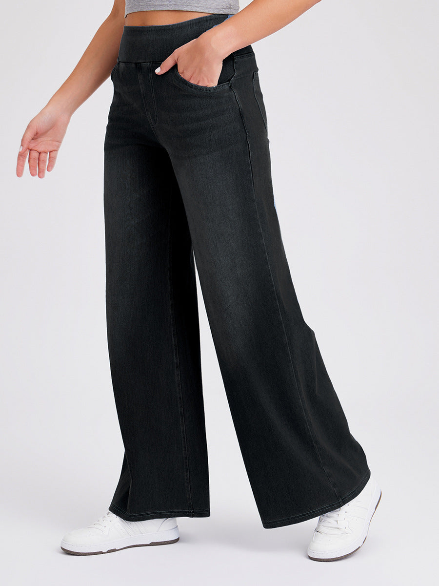 New Plus Size Women's High Waist Flared Jeans With Multiple Pockets, Straight Loose Fit, Distressed Casual Denim Pants Dark Grey GlamzKart