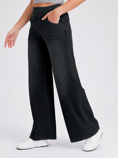 New Plus Size Women's High Waist Flared Jeans With Multiple Pockets, Straight Loose Fit, Distressed Casual Denim Pants Dark Grey GlamzKart
