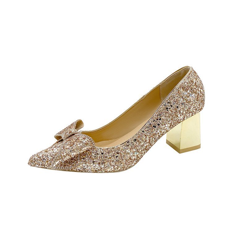 Crystal Sequins Wedding Xiuhe Chunky Heel Pointed-toe Shoes Gold 6.5cm GlamzKart