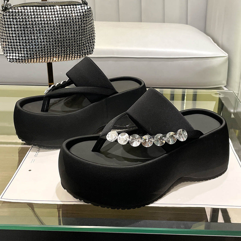 Women's Thick-soled Stylish Flip-flops Rhinestone Temperament Leisure Slippers Black GlamzKart