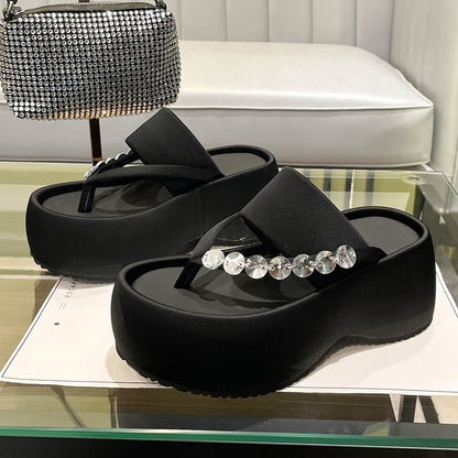 Women's Thick-soled Stylish Flip-flops Rhinestone Temperament Leisure Slippers Black GlamzKart