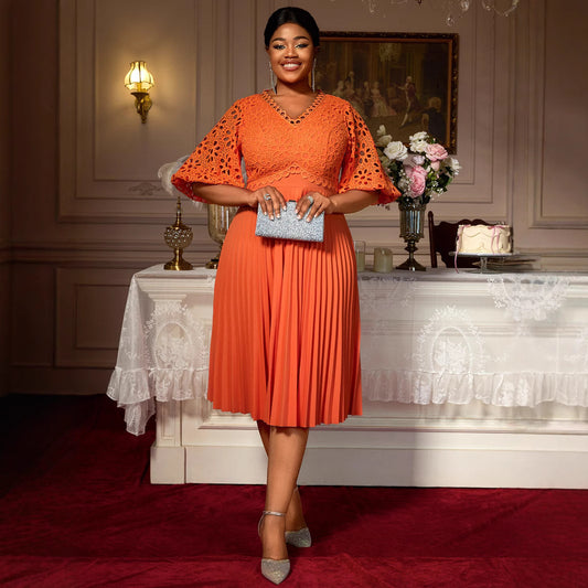 Lace Hollow Pattern Puff Sleeve V-neck Slimming A Swing Elegant Pleated Dress GlamzKart