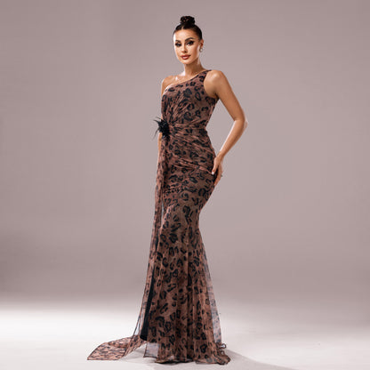 One-shoulder Diagonal Collar Leopard Sequined Evening Dress GlamzKart