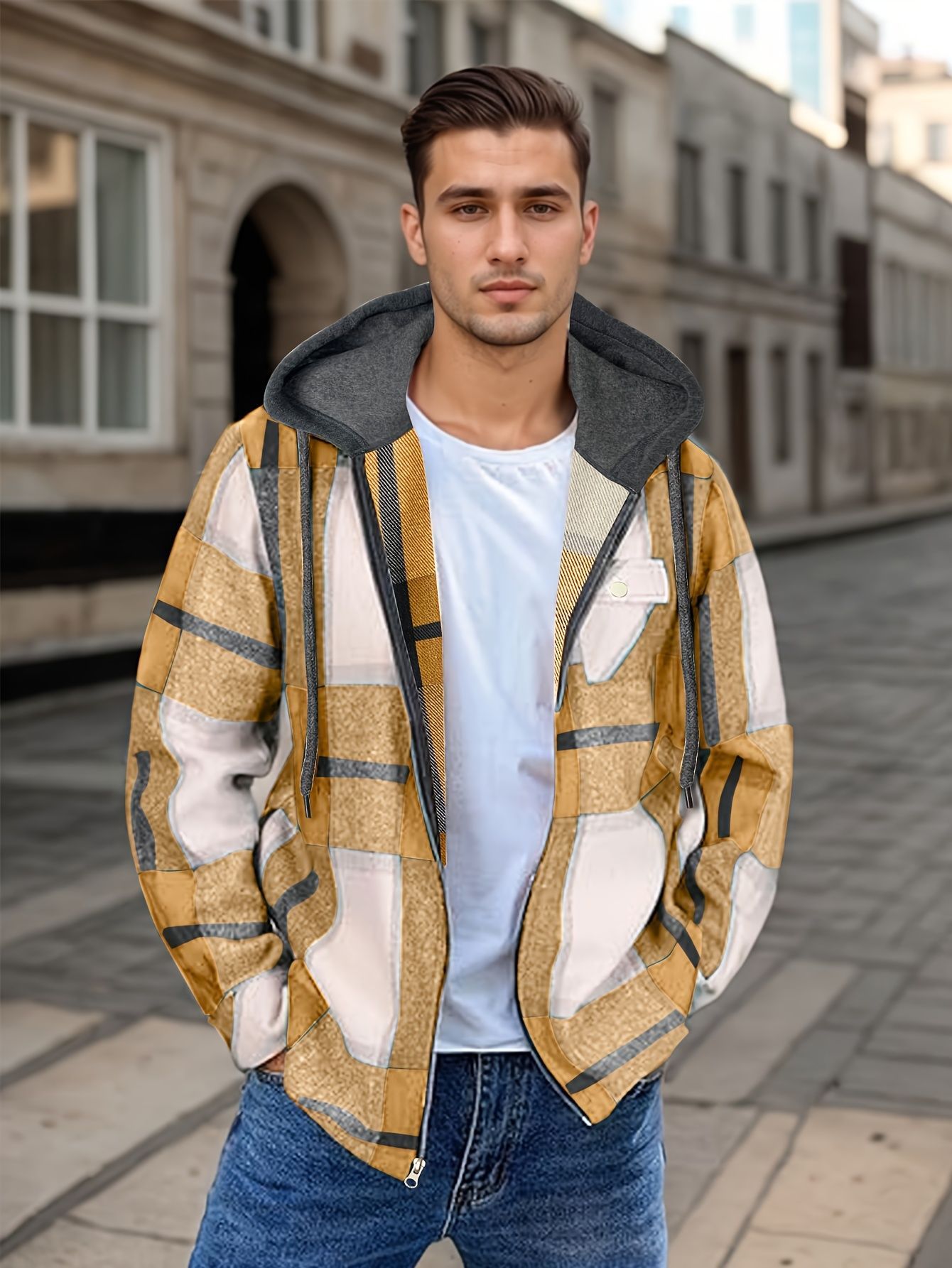 Men's Flannel Jacket Zipper Hooded Jacket Ginger Yellow GlamzKart