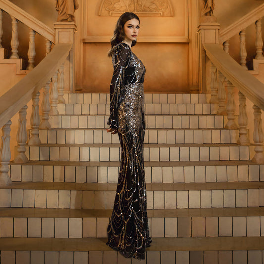 Long Sleeve Round Neck Slim-fit Sheath Sequined Banquet Fishtail Evening Dress GlamzKart