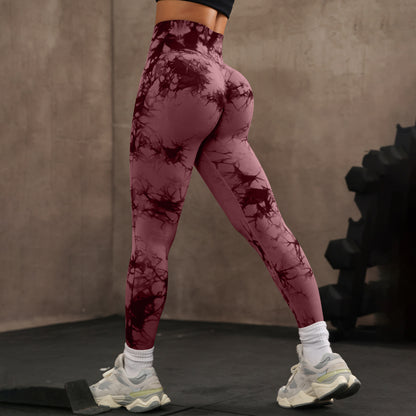 High Waist Tight Yoga Pants Tie-dye Breathable Workout Pants Wine Red GlamzKart