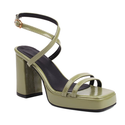 Summer Square Toe Thin Strap Buckle Wide Strap High Heels Green GlamzKart