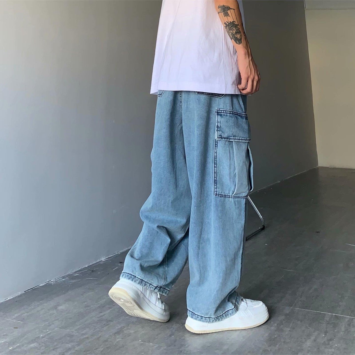 Street Retro Drape Large Loose Pockets Cargo Jeans GlamzKart
