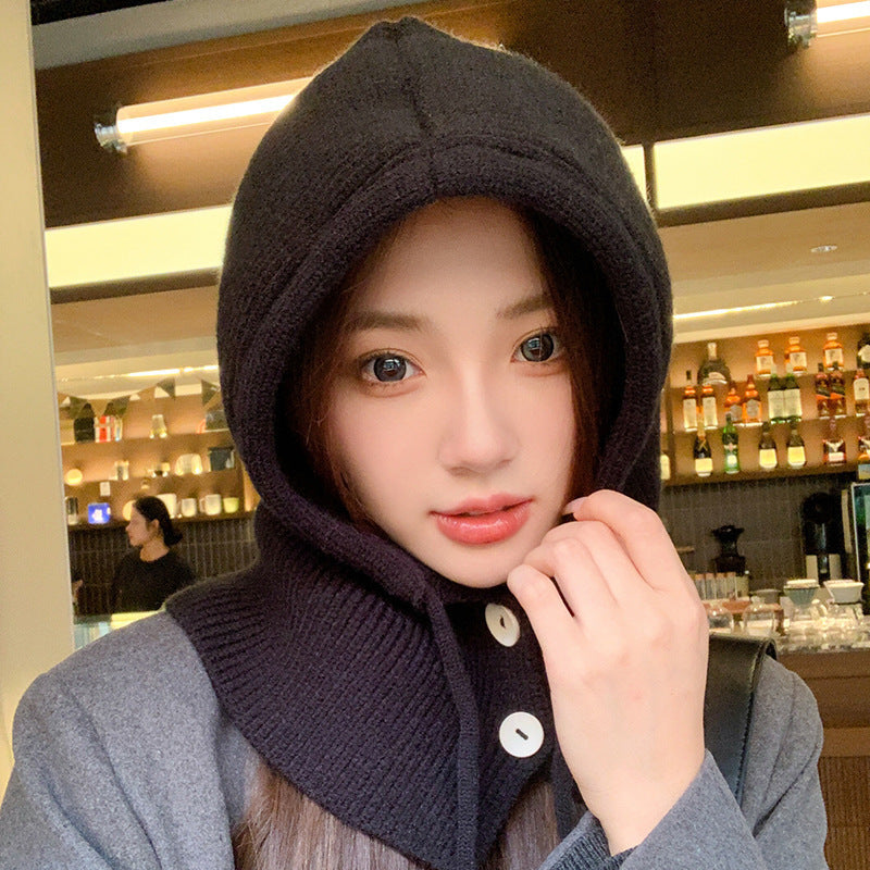 Fashionable Warm Hat Scarf Integrated Ear Protection Knitting Woolen Cap Black Free Size GlamzKart