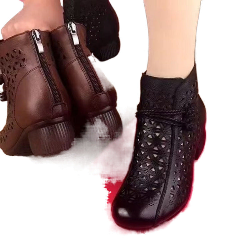 All-match Leather Mid-heel Comfortable Retro Closed Toe Chunky Heel Hollow Sandals GlamzKart