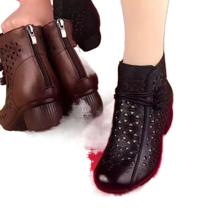 All-match Leather Mid-heel Comfortable Retro Closed Toe Chunky Heel Hollow Sandals GlamzKart