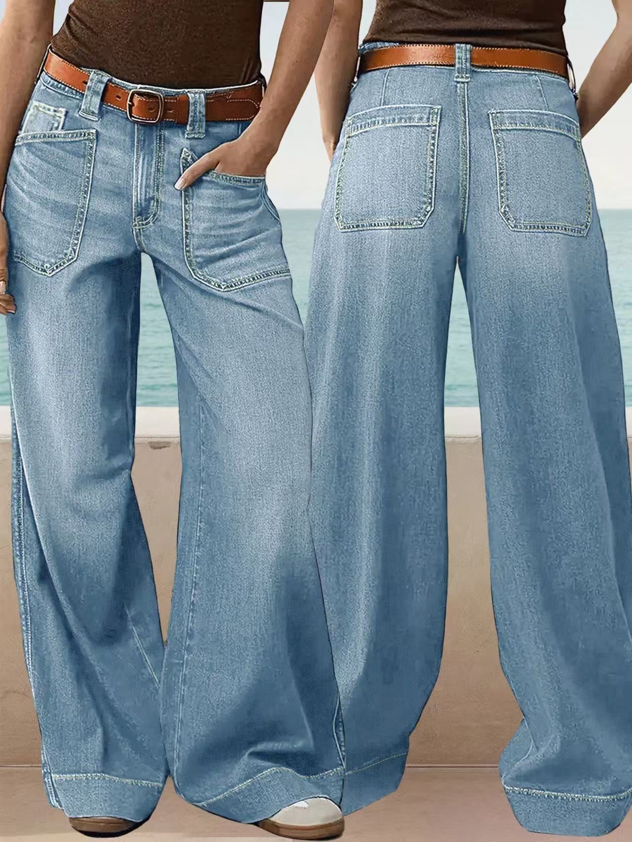 Loose Slimming Ladies Wide-leg Straight Pants Denim Ankle-length Pants Sky Blue GlamzKart