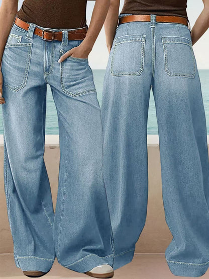 Loose Slimming Ladies Wide-leg Straight Pants Denim Ankle-length Pants Sky Blue GlamzKart
