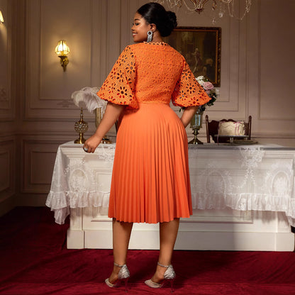 Lace Hollow Pattern Puff Sleeve V-neck Slimming A Swing Elegant Pleated Dress GlamzKart