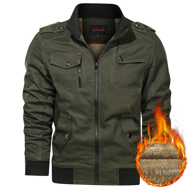Fleece-lined Thickened Korean Style Casual Polo Collar Flight Jacket Warm-keeping Cotton Clothing Army Green GlamzKart