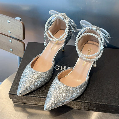 Pointed Toe Shallow Mouth Black Paillette Bow High Heels For Women Silver 9cm GlamzKart
