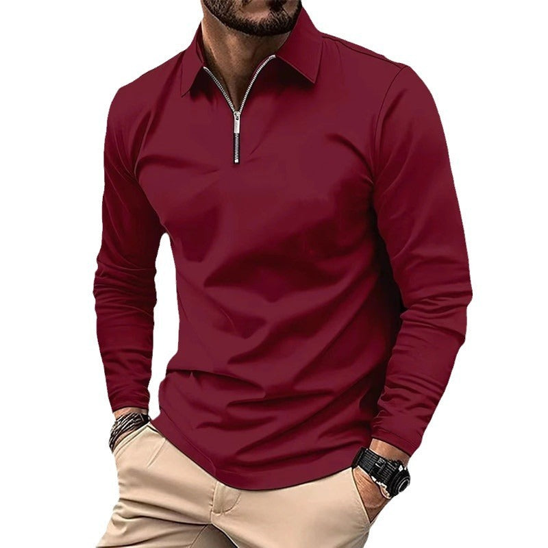 Zipper Men's Solid Color Long Sleeve Sports Polo Shirt GlamzKart