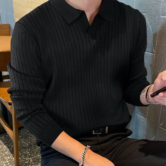 New Men's Lapel Knitted Long-sleeved T-shirt GlamzKart