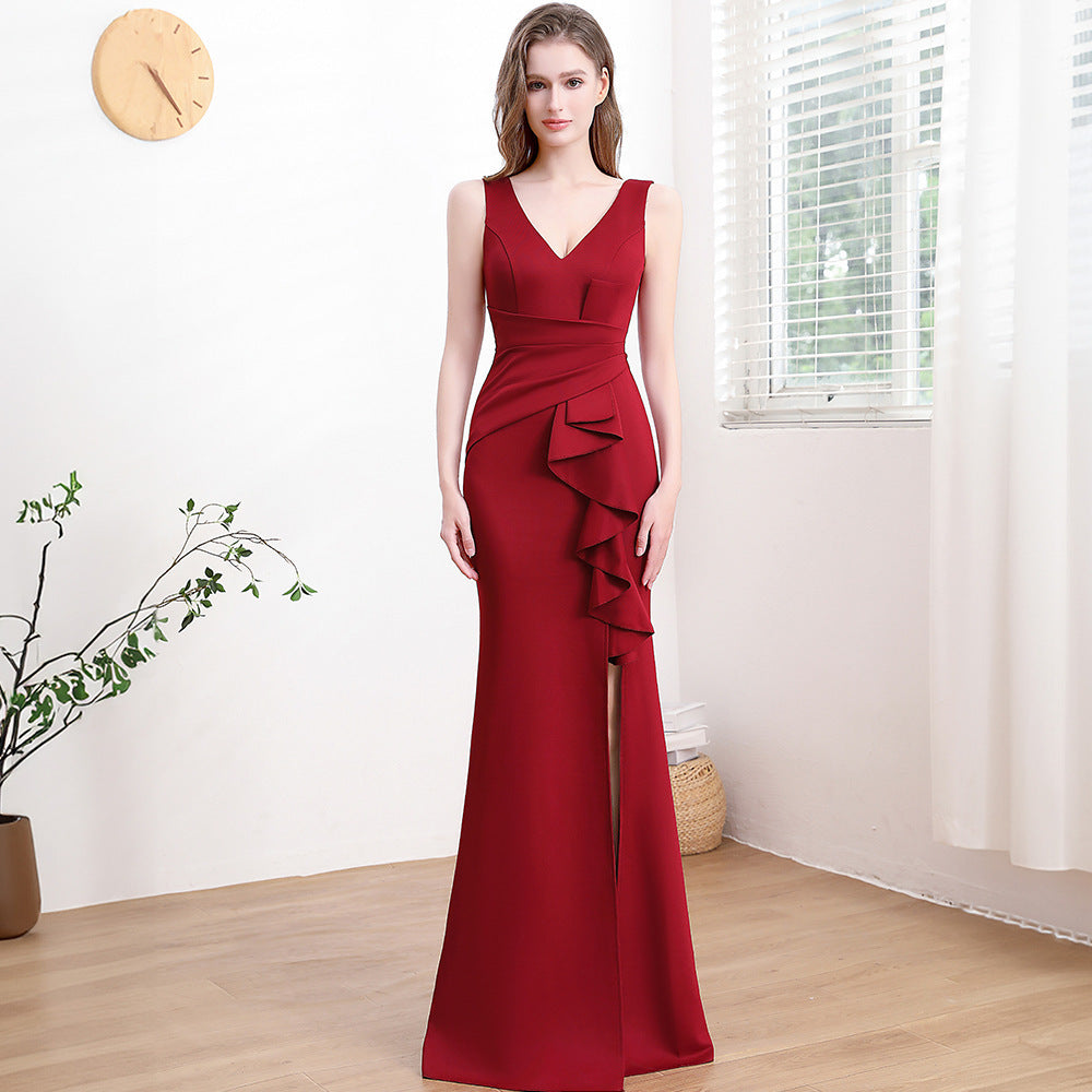 Evening Gown For Women High-end Elegant Simple And Light Luxury Wine Red 18173 GlamzKart