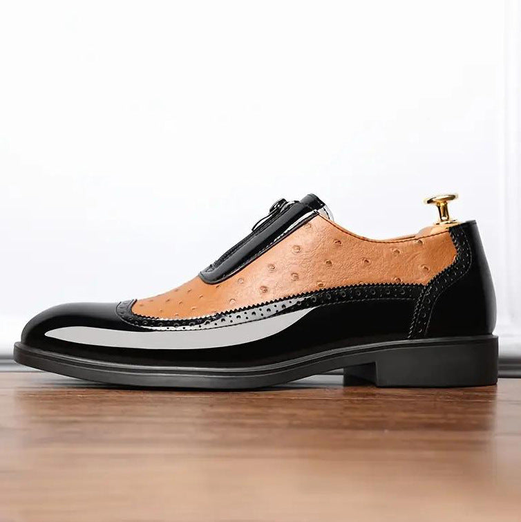 Ostrich Grain Embossed Zipper Pointed Plus Size Bright Leather Chelsea Men's Shoes Light Brown GlamzKart