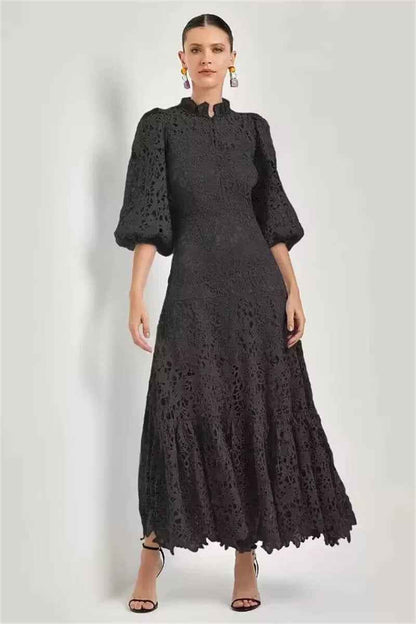 European American Dream Girl Elegant Graceful Solid Color Hollow Lace Long Dress