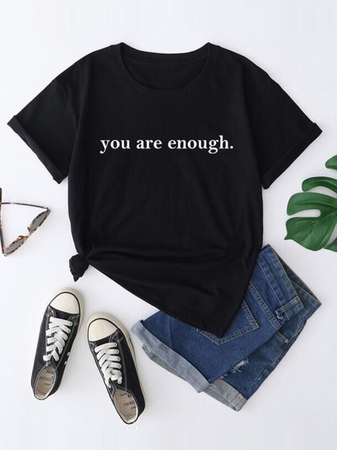 Women's Letter Printed Fashionable Round Neck Short Sleeved Shirt Black GlamzKart