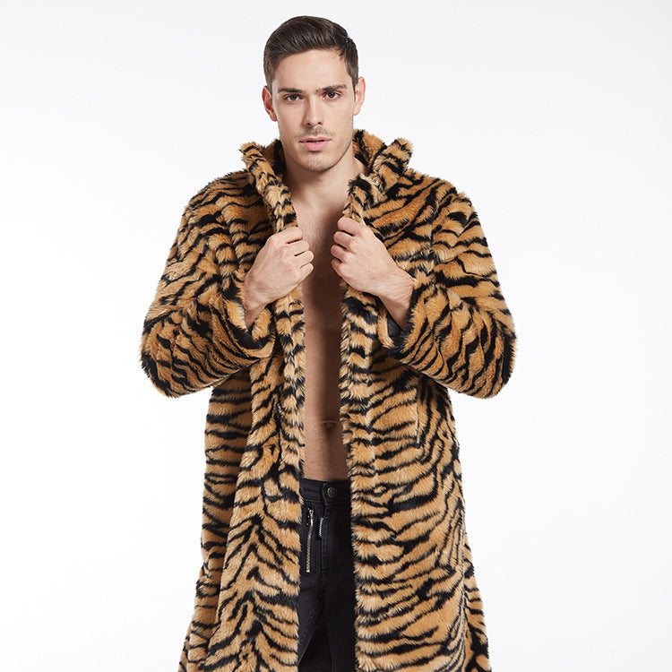 Men's Faux Fur Coat Tiger Pattern Long-cut Yellow Tiger Pattern GlamzKart