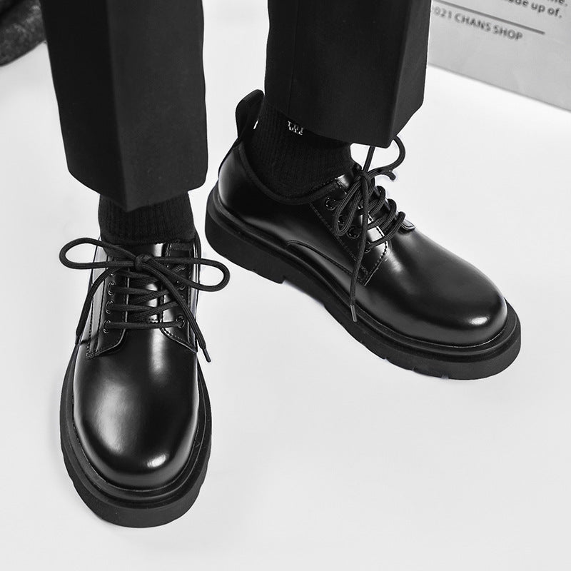 Men's British-style Thick-soled Korean-style Black Leather Shoes GlamzKart