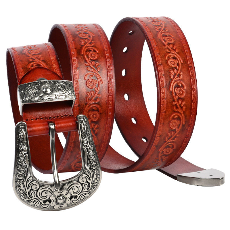 Embossed First Layer Cowhide Men's Mongolian Style Personalized Carved Belt Lucky Red Brown GlamzKart