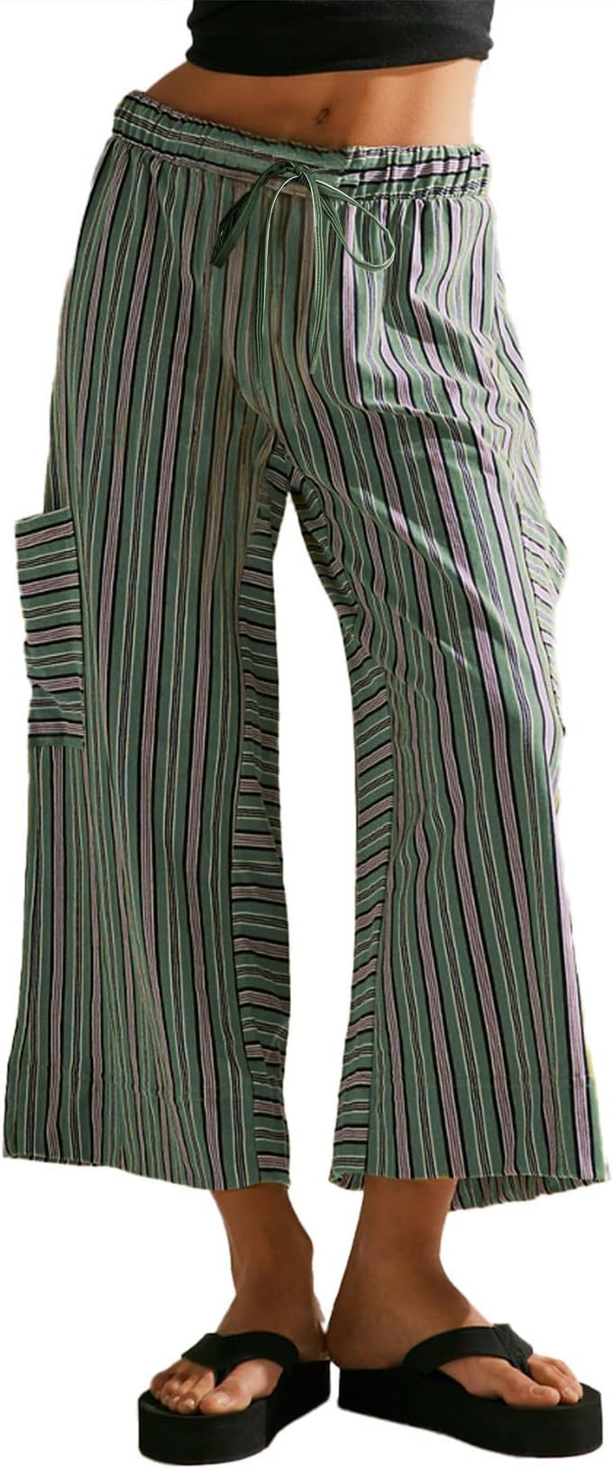 Summer Stripes Straight-leg Pants Women's Clothing Dark Blue GlamzKart