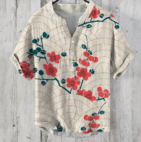 Printed V-neck Men's 3 Breasted Pullover Short Sleeve Shirt ZZ58 GlamzKart