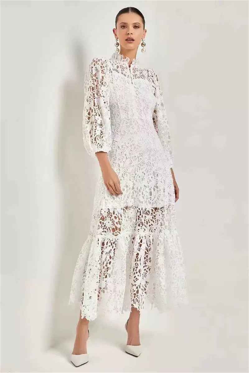 European American Dream Girl Elegant Graceful Solid Color Hollow Lace Long Dress