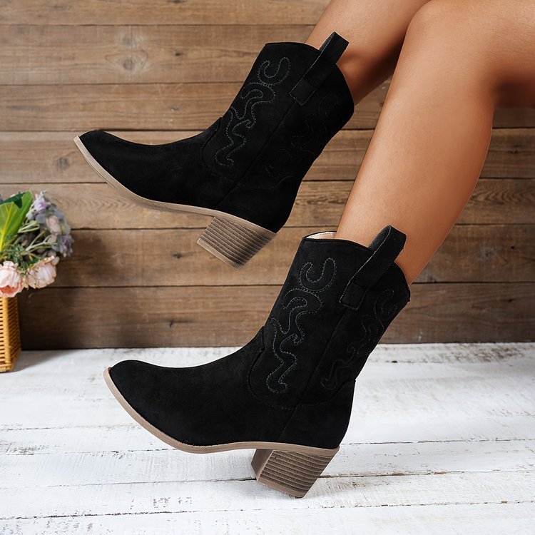 Plus Size Square Heel Round Head V Cut Women's Mid Boots GlamzKart