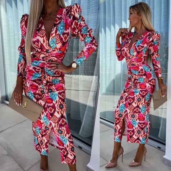 Puff Sleeve Long Sleeve Split V-neck High Waist Slimming