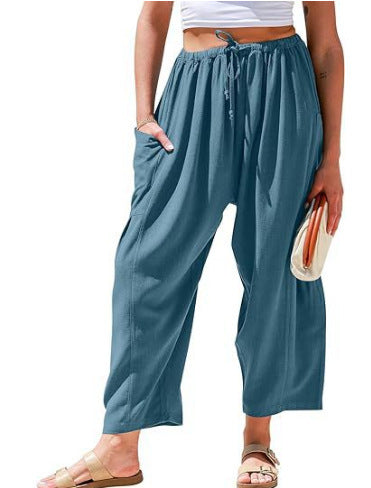 Elastic Pleated High Waist Cotton Linen Wide Leg Pants Lake Blue GlamzKart