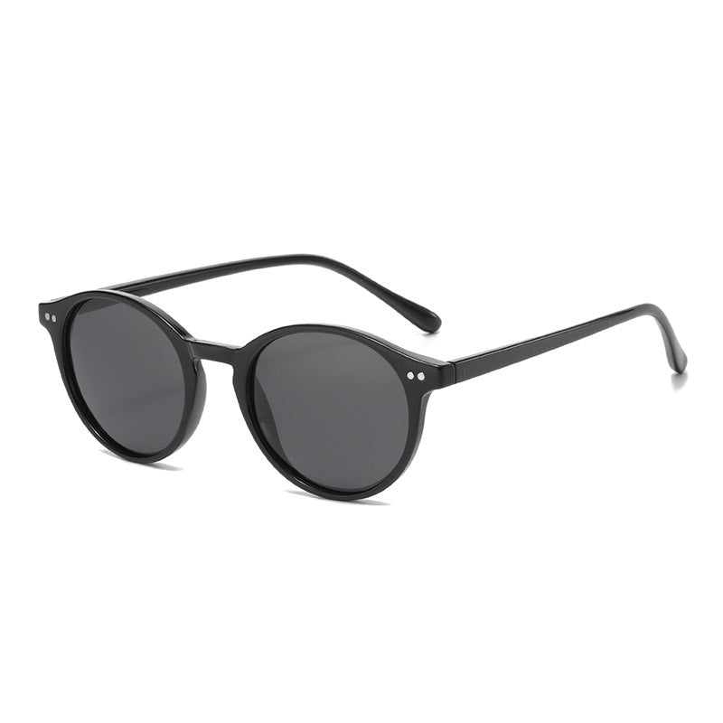 Round Polarized Full Rim Frame Sunglasses Bright Black Frame Black Film GlamzKart