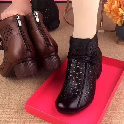 All-match Leather Mid-heel Comfortable Retro Closed Toe Chunky Heel Hollow Sandals GlamzKart