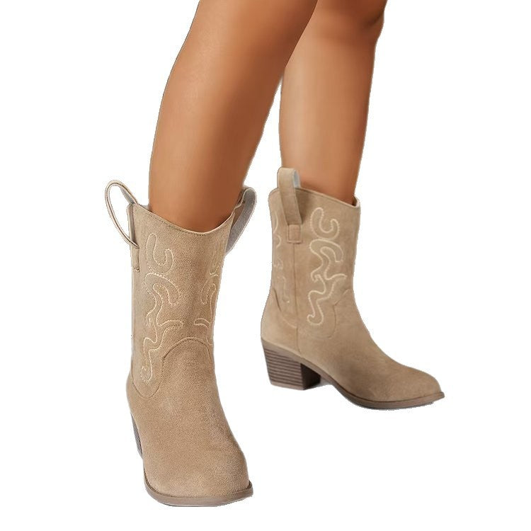 Plus Size Square Heel Round Head V Cut Women's Mid Boots GlamzKart