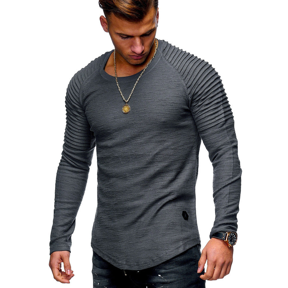 Men's Solid Color Slim Fit Round Neck Long Sleeves T-shirt Personality Dark Gray GlamzKart