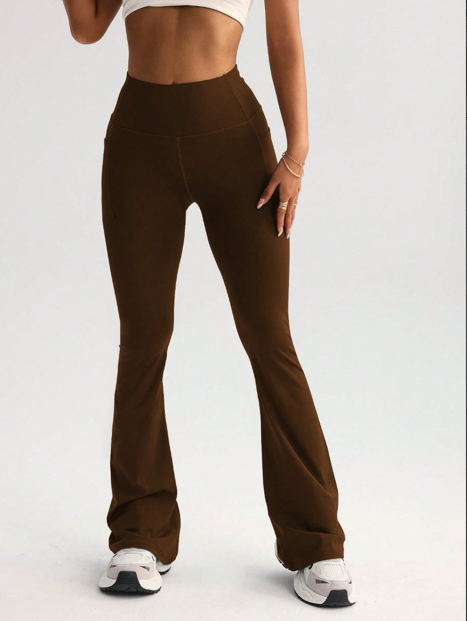 High Waist T-line Yoga Wide-leg Pants With Pockets Brown GlamzKart