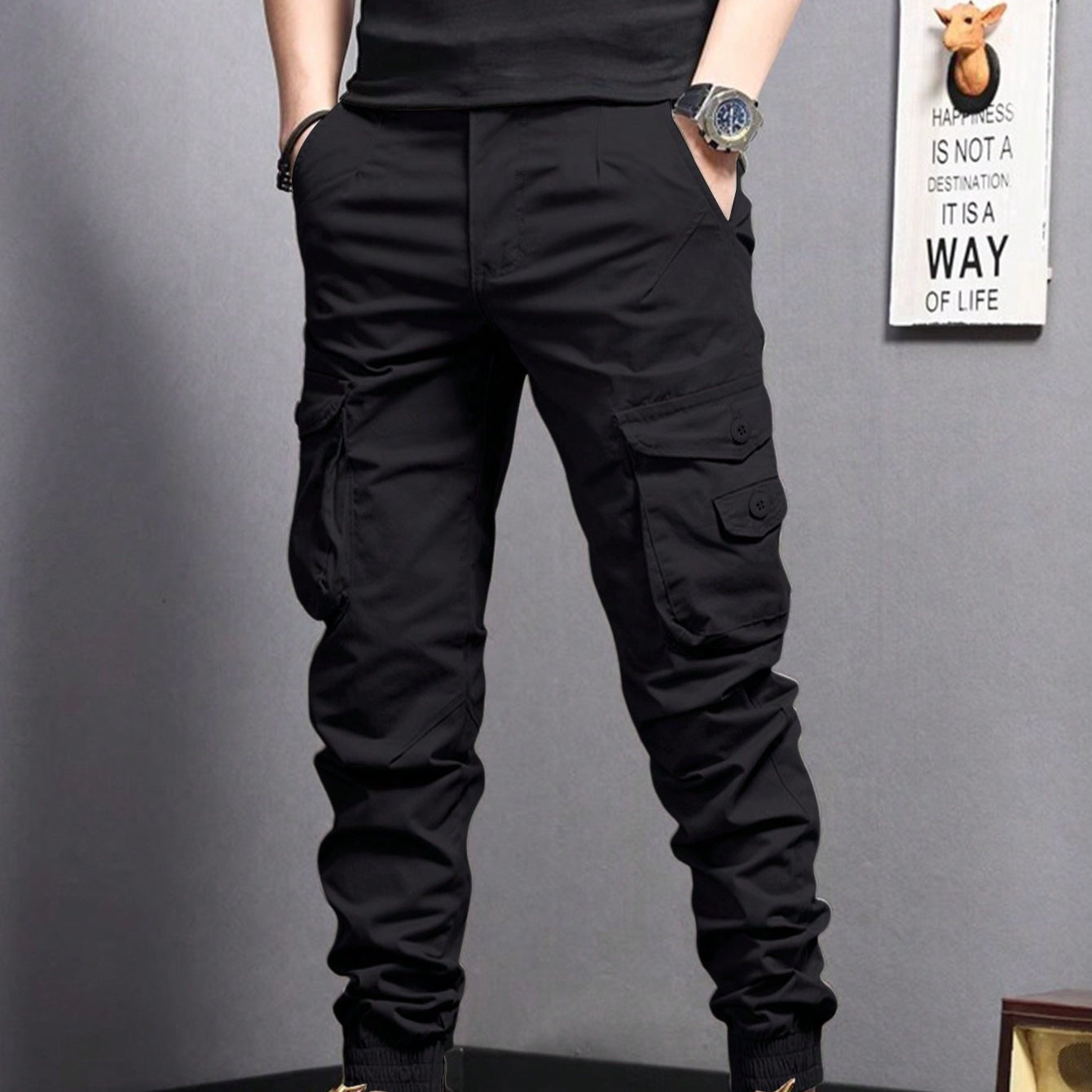 New Summer Casual Drawstring Workwear Pants Men Black GlamzKart