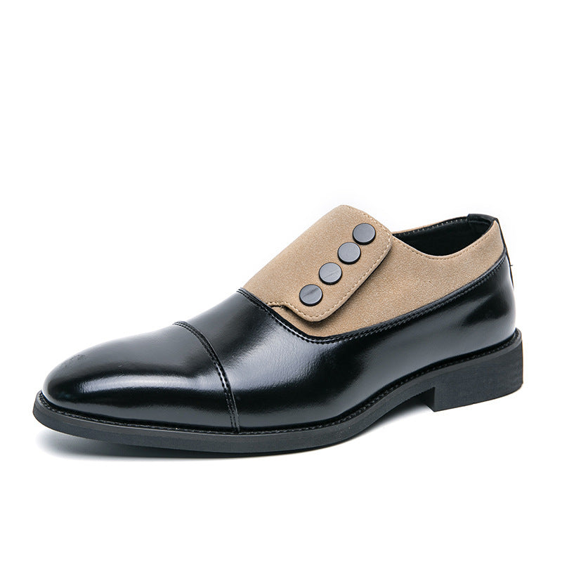 Low Top Pointed Round Toe Button Leather Shoes Men Slip-on Brown GlamzKart